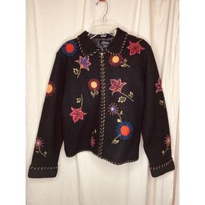 Vintage Icelandic Designs Wool Embroidered Bohemian Indie Floral Jacket Small